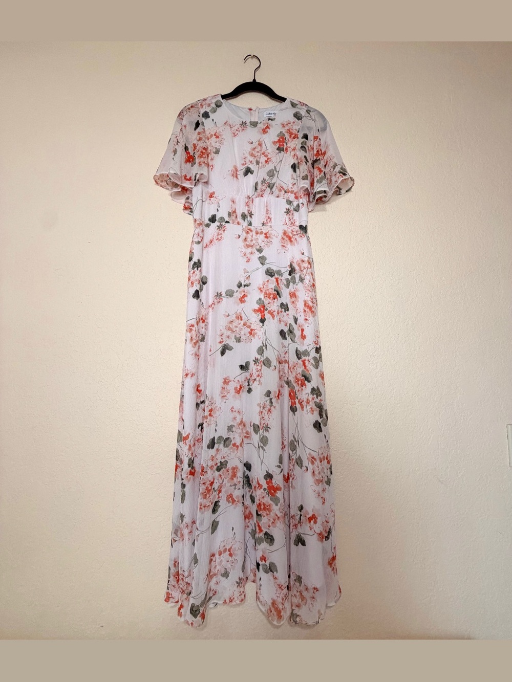 Calvin Klein Pink Maxi Dress with Coral Floral Motif
